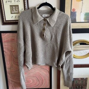 Women's Taupe Ribbed Sweater half button